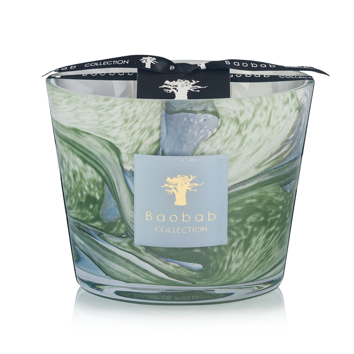 baobab collection candle in a blue and green swirl glass jar and a black ribbon on top