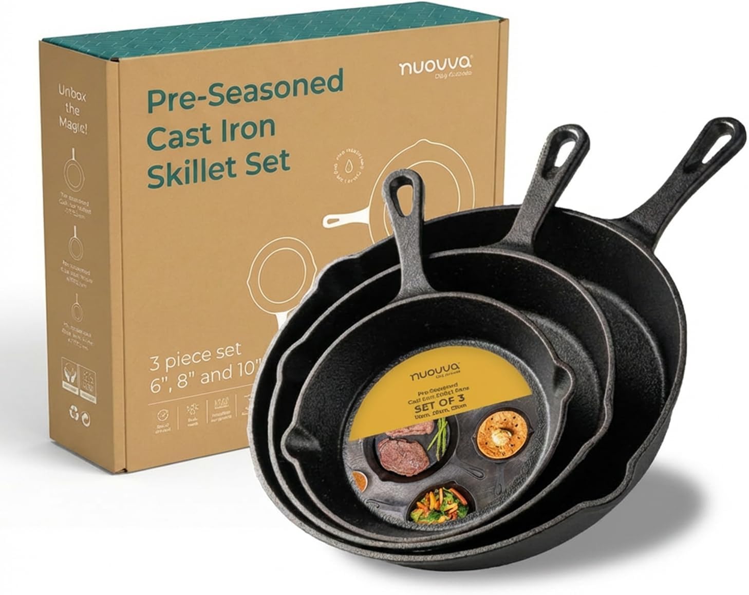 nuovva Pre-Seasoned Cast Iron Skillet Frying Pans Oven Safe Cookware for Indoor & Outdoor Use pictured set of three with box on a white background