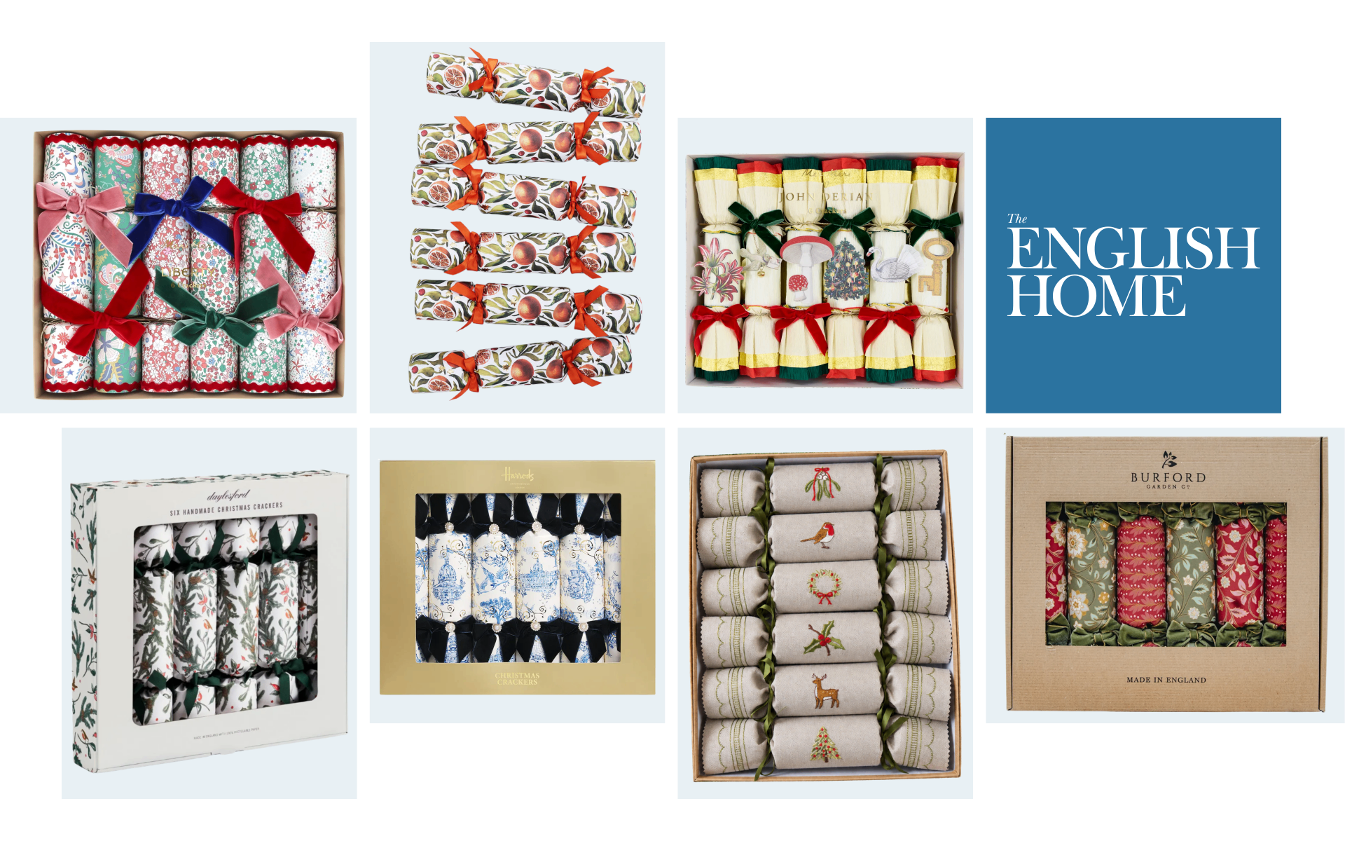Photo grid collage featuring seven different luxury Christmas cracker sets and The English Home logo tile. Includes floral, clementine, botanical, embroidered linen, blue toile, and festive patterned designs