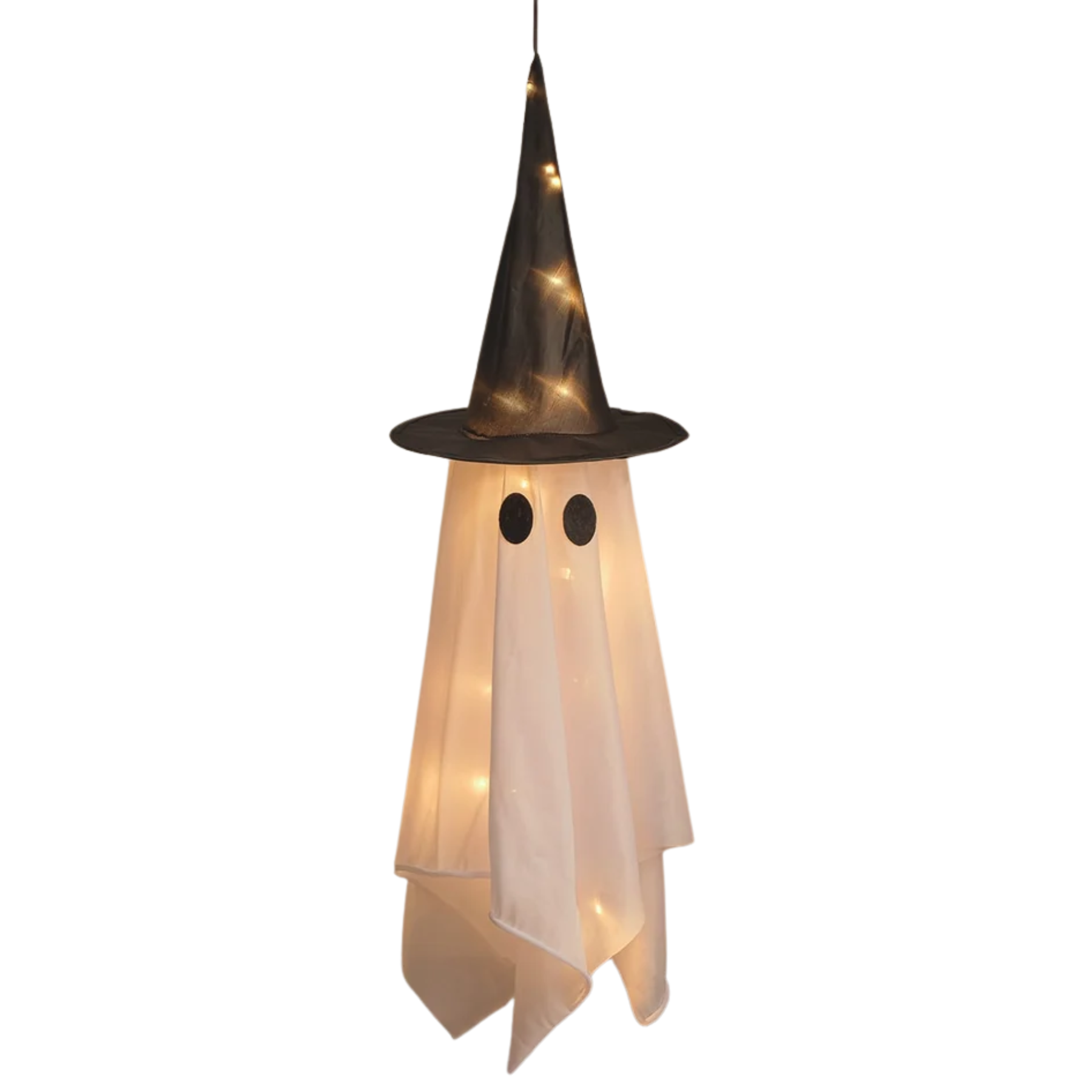 a hanging ghost led halloween decoration with a black witches hat