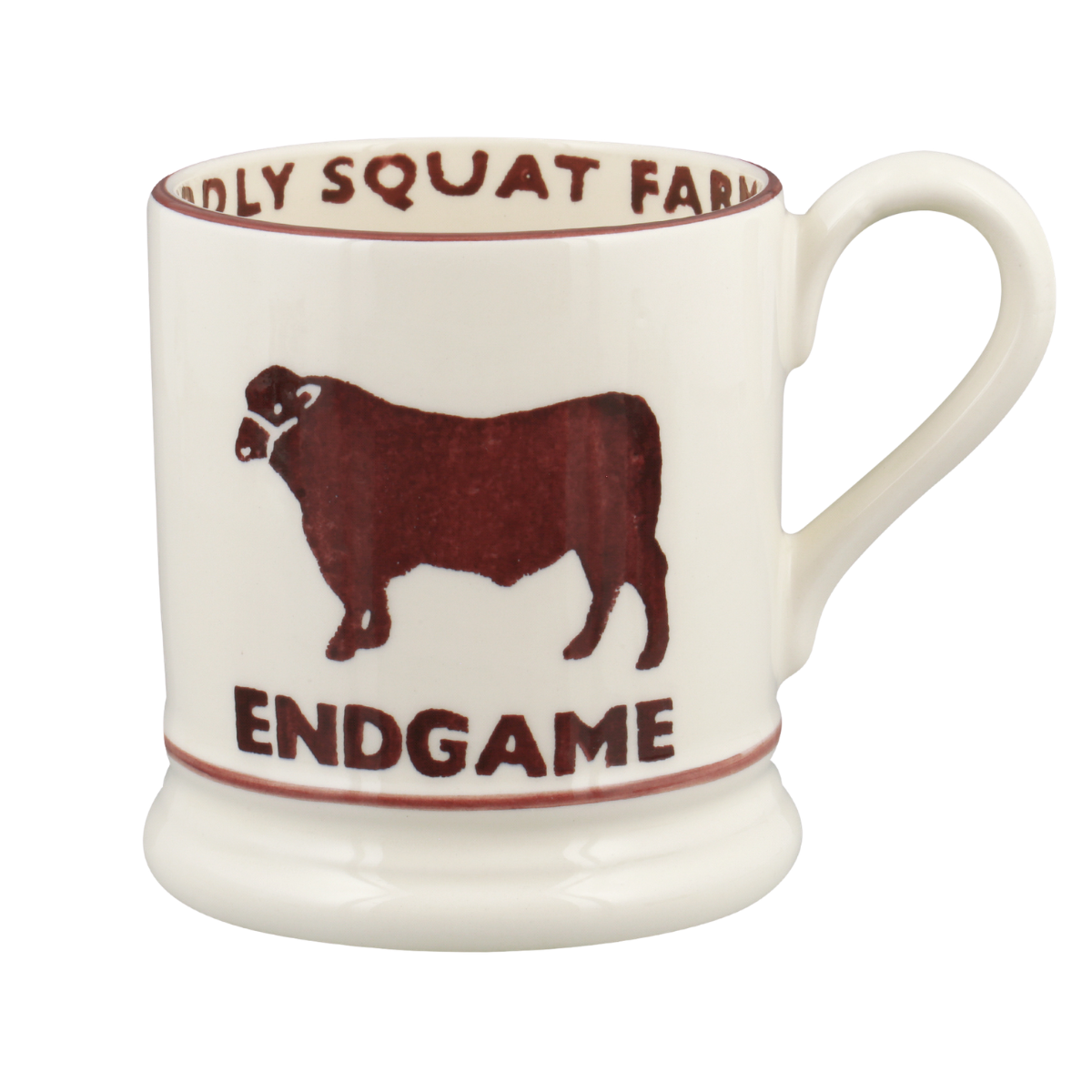 a white emma Bridgewater mug with a burgundy printed bull on with text that says endgame
