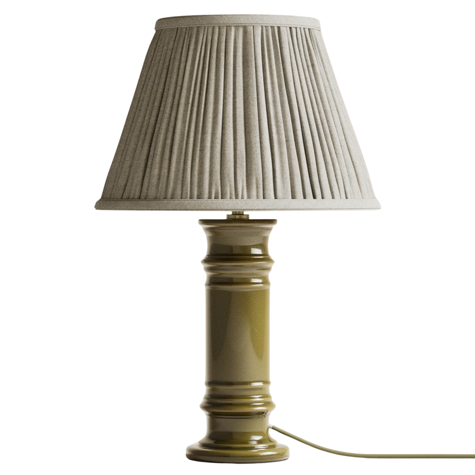 OLIVE GREEN LAMP base with a beige pleated shade