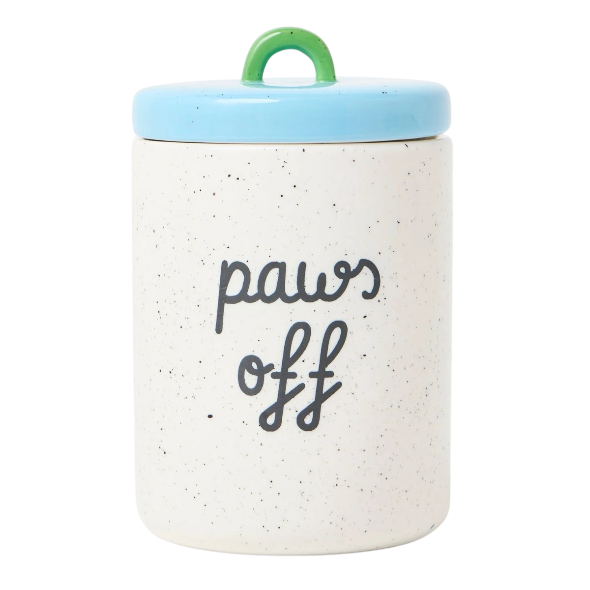 a white speckled treat jar with a blue and green lid