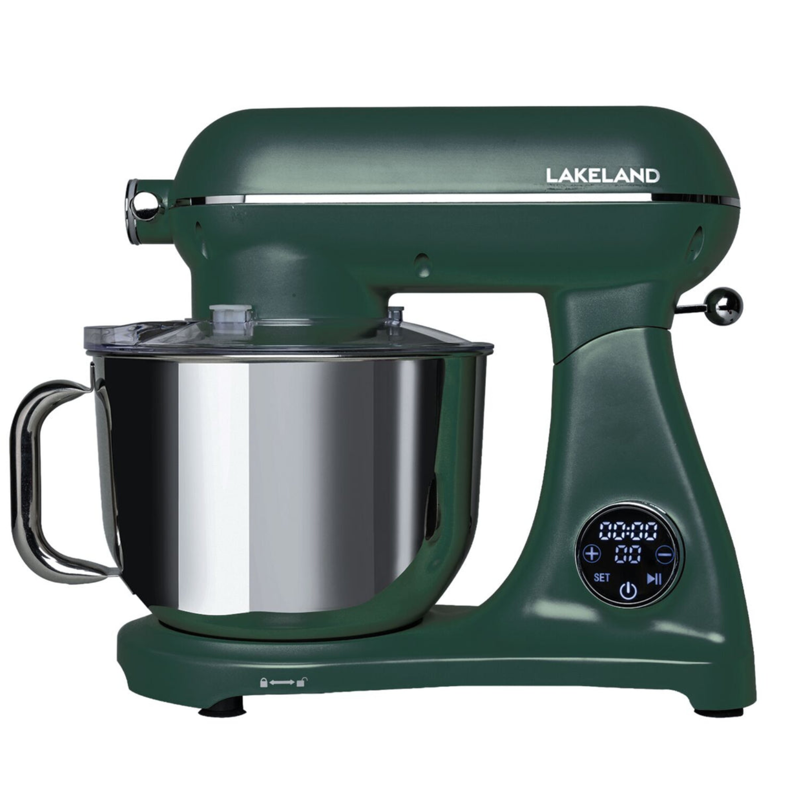 Dark green Lakeland electric stand mixer with a stainless steel mixing bowl, splash guard, and a digital touch display screen