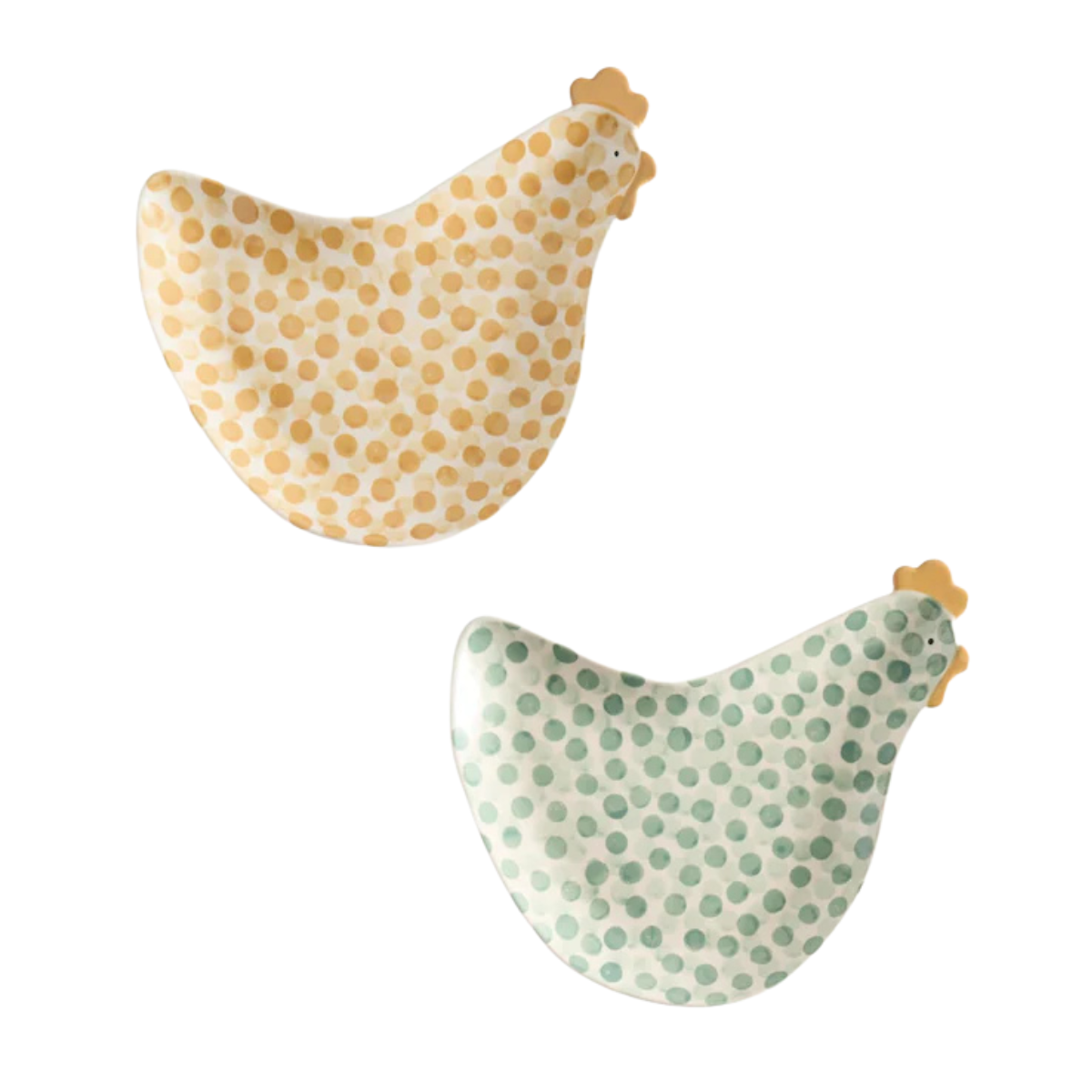 two chicken shaped plates one in yellow polka dot and one in green polka dot