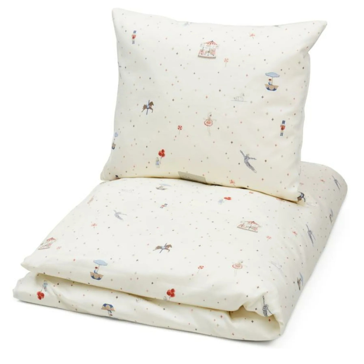 white kids bedding with carousel motifs