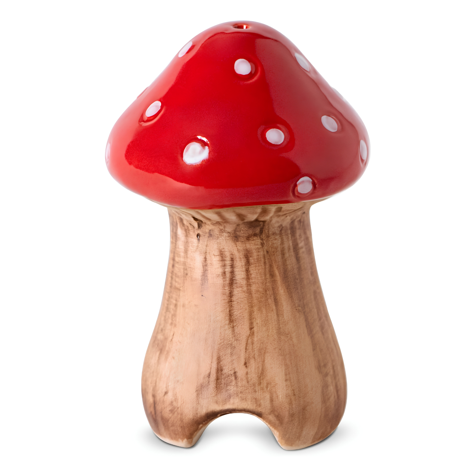 Ceramic pie bird styled as a red toadstool mushroom with white polka dots and a textured beige stem