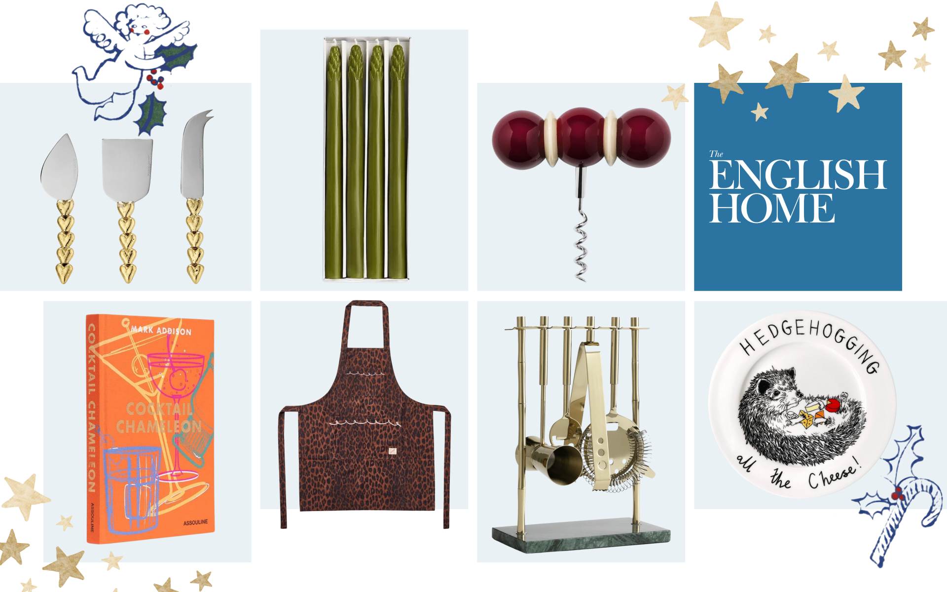 A collage of Christmas gifts for the hostess from The English Home, featuring gold cheese knives, green asparagus candles, a corkscrew, a cocktail recipe book, a leopard-print apron, a brass bar tool set, and a hedgehog plate.