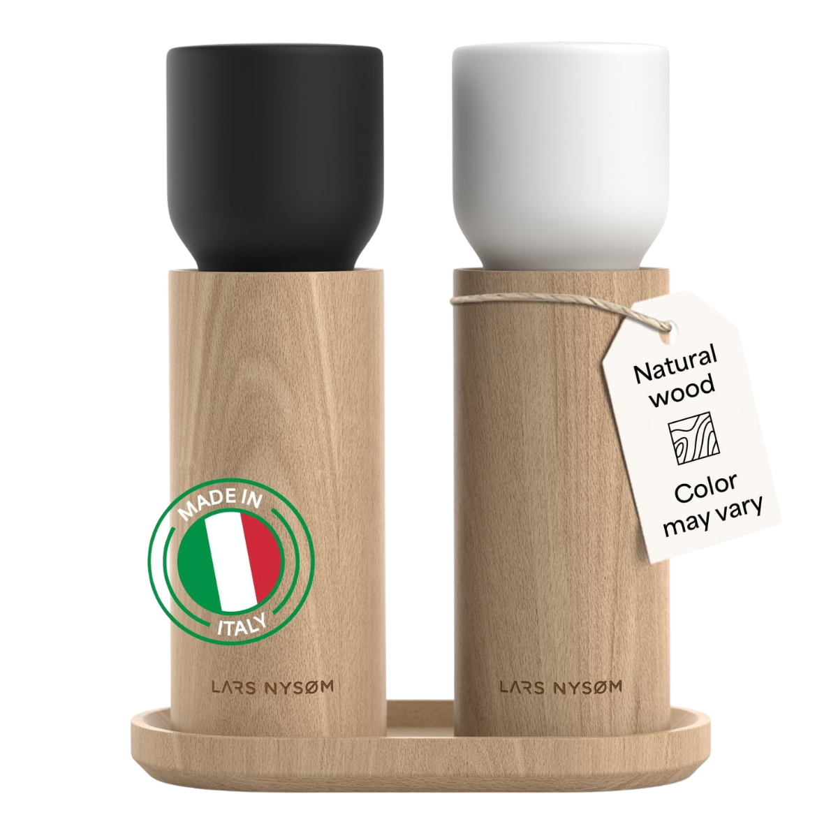 beechwood salt and pepper mill set with one black top and one white top