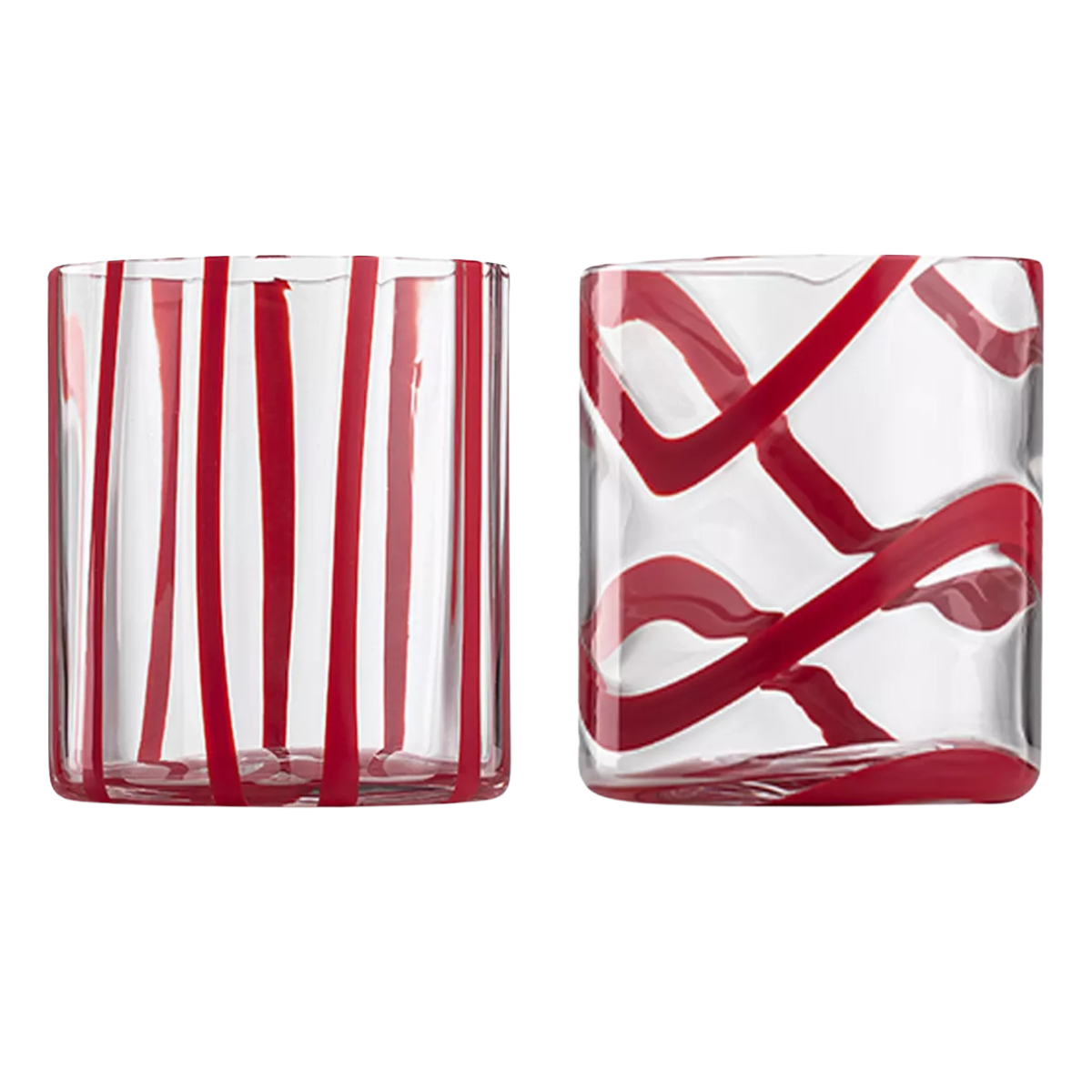 a set of two tumblers with red patterns