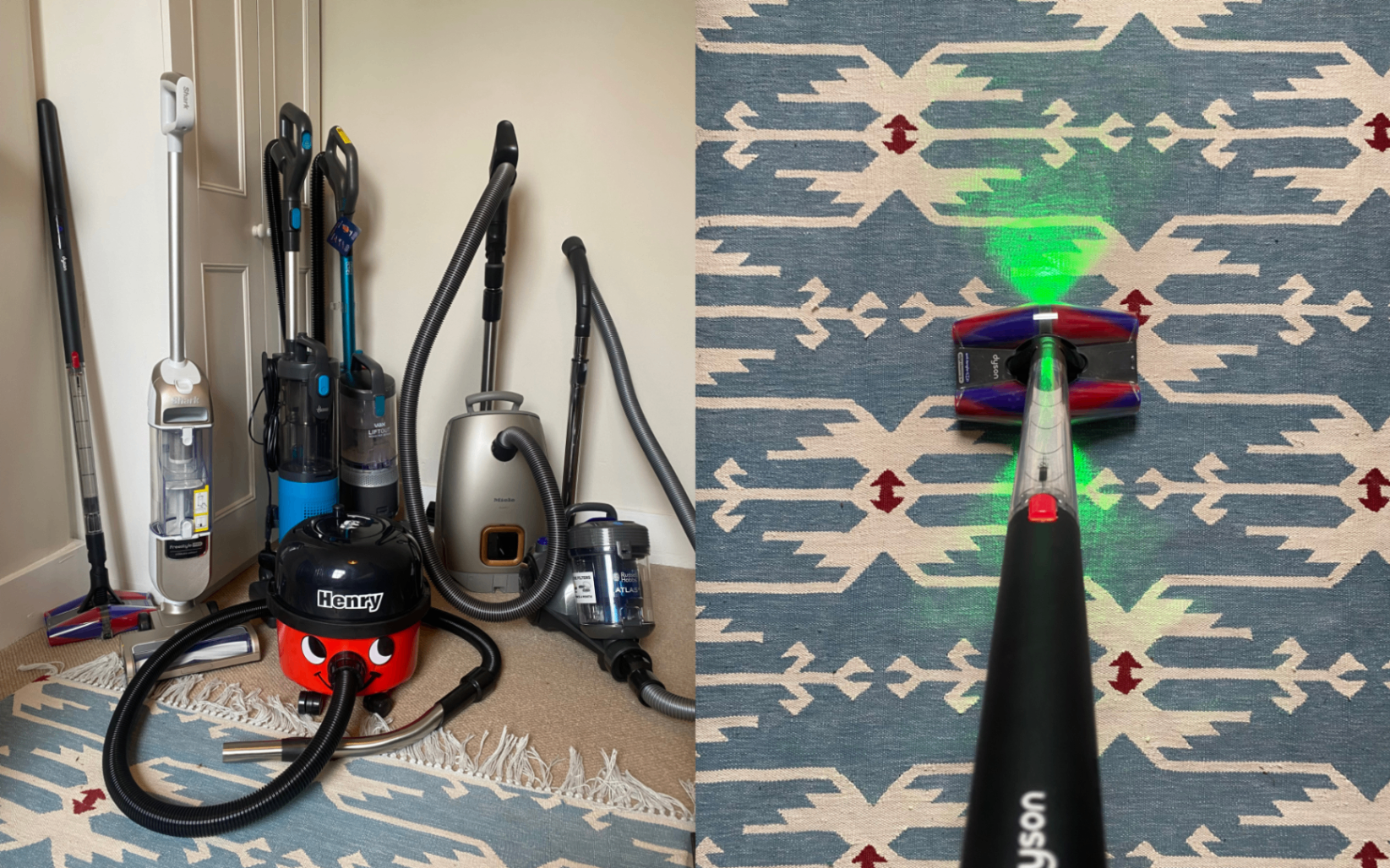 A collage of two images, on the left, a group shot of a selection of the best vacuum cleaners, on the right, the Dyson pencilvac being tested on a blue and white patterned rug