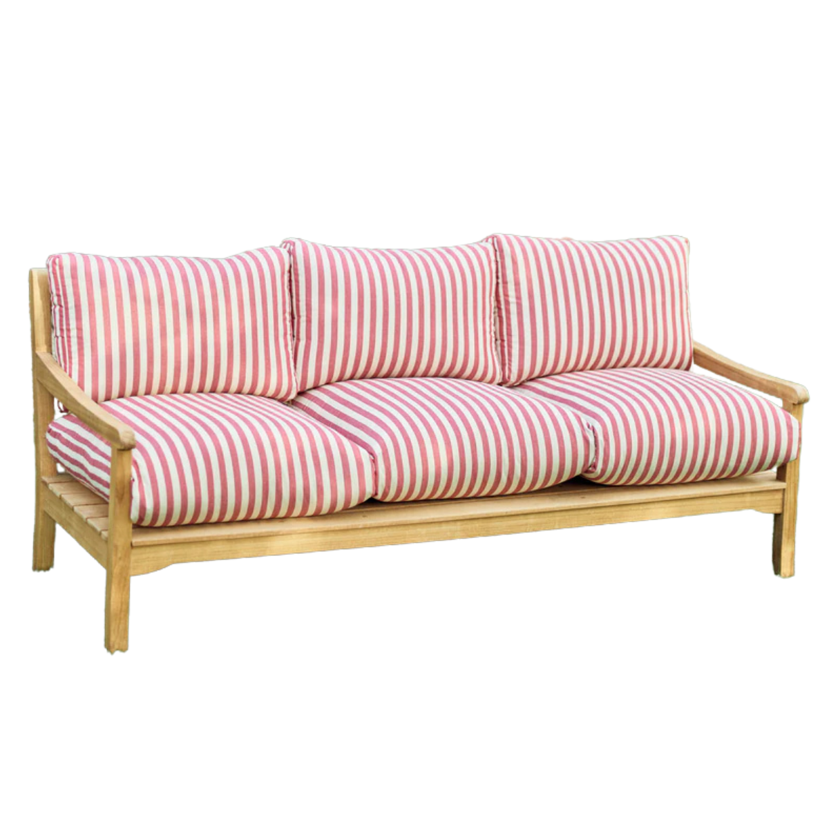 a wooden outdoor sofa with red and white stripe cushions