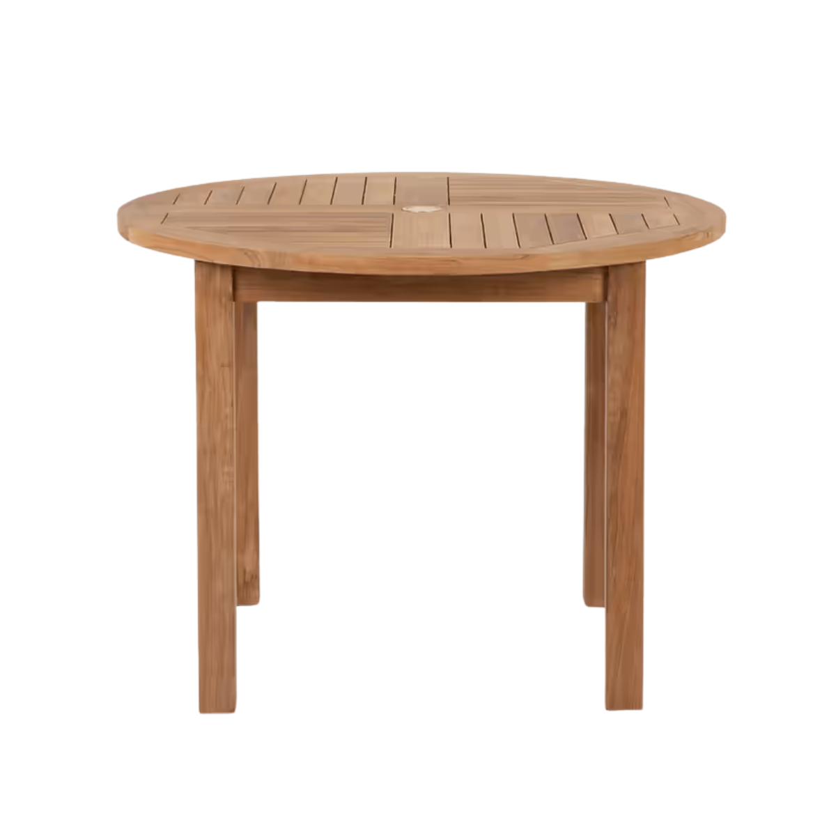 a small circle wooden outdoor dining table