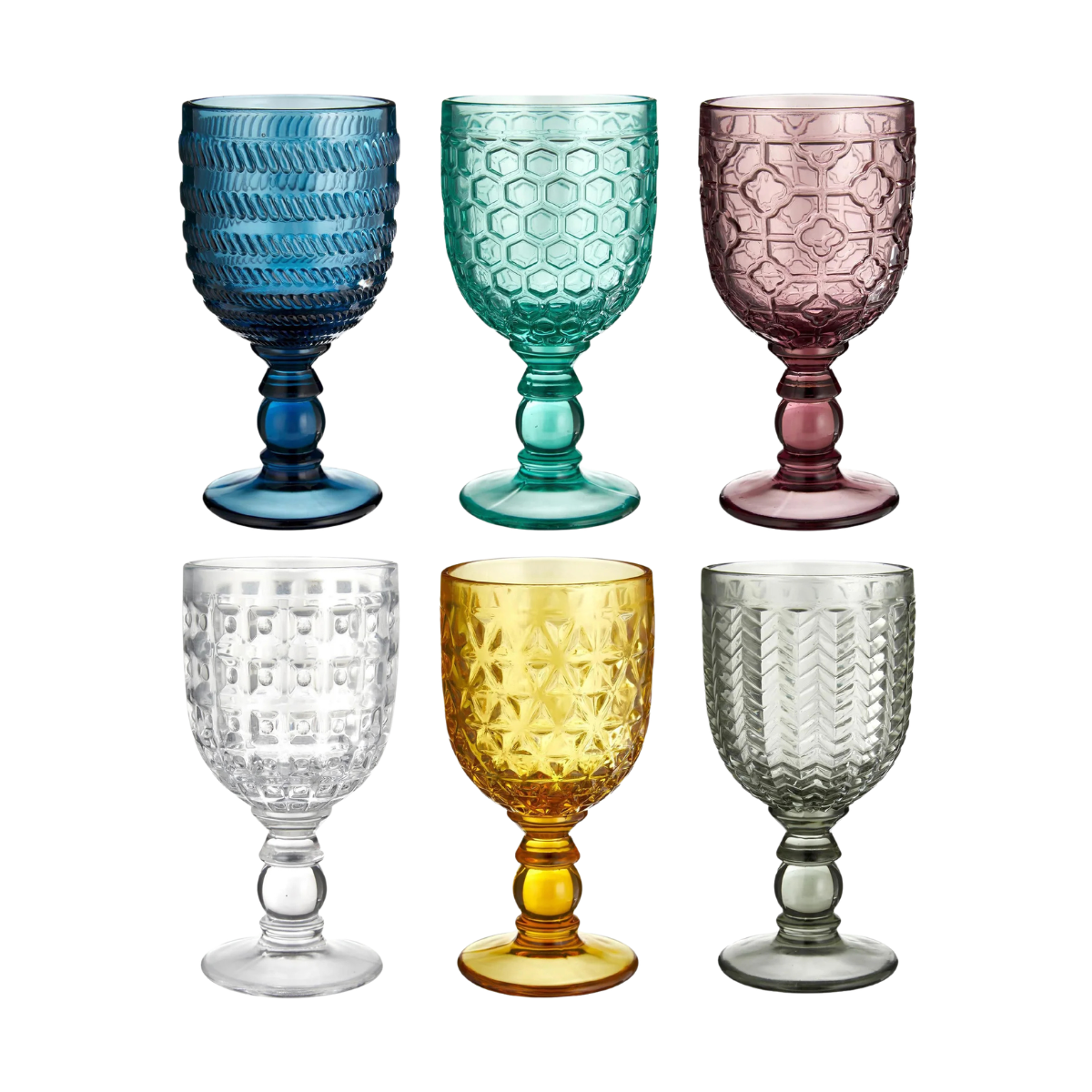 a set of 6 embossed multicoloured wine glasses