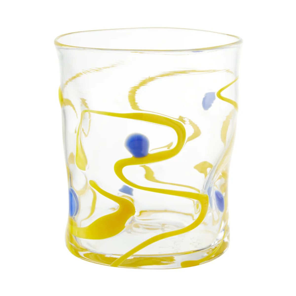 yellow swirl pattern glass with blue dots