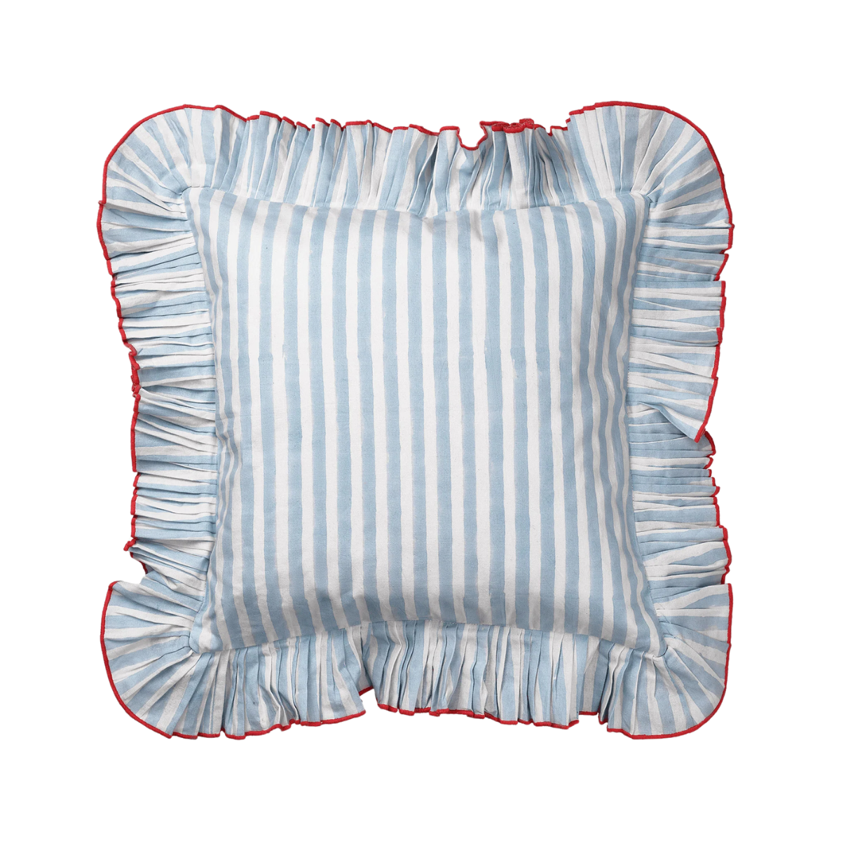 a pale blue and white stripe cushion with a ruffled edge and red trim