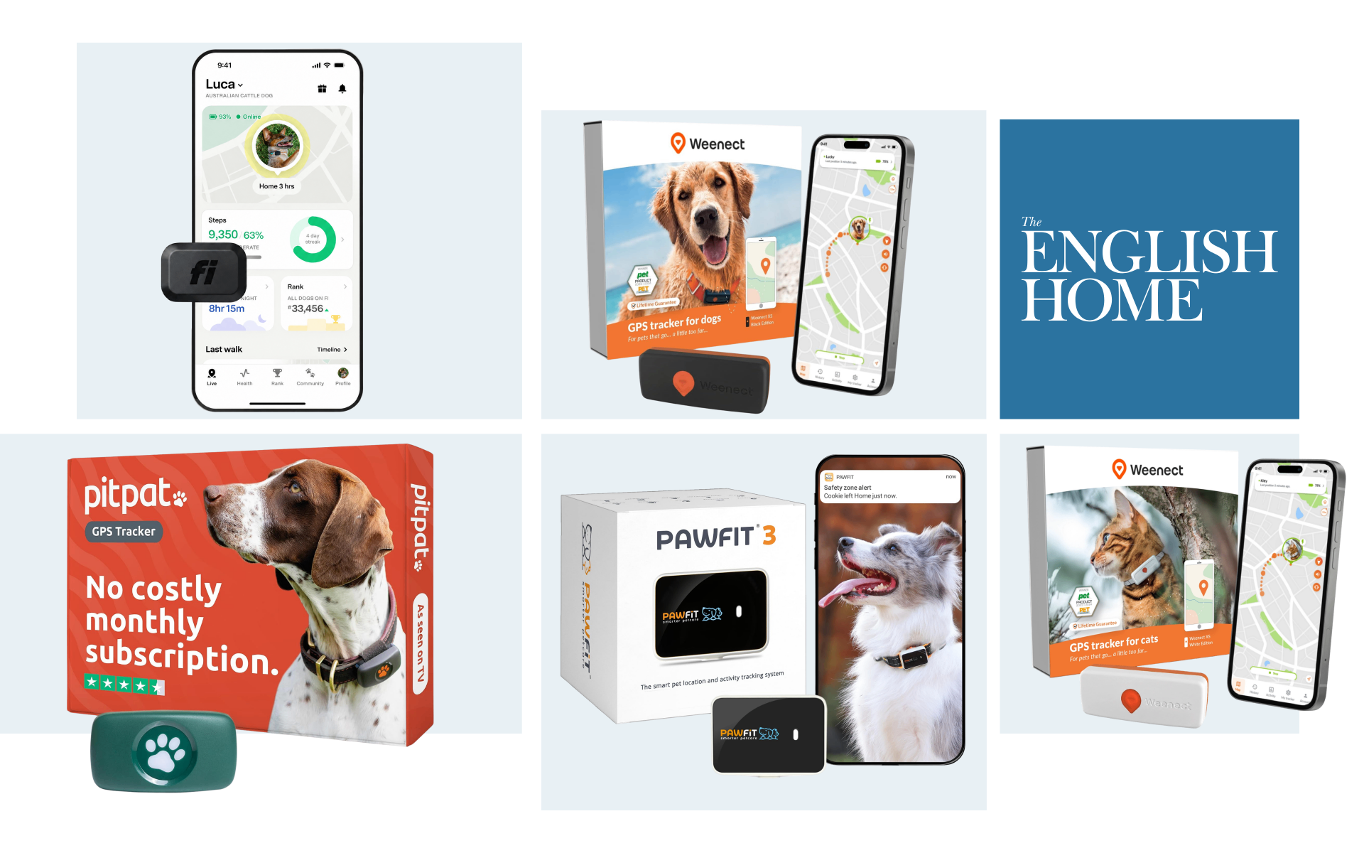 A collage of GPS pet trackers and companion smartphone apps featured in The English Home, including the Fi Mini, Weenect XS for dogs, PitPat GPS Tracker in green, Pawfit 3, and Weenect XS for cats