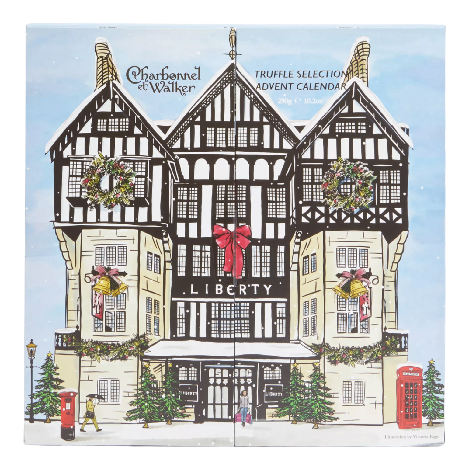Liberty x Charbonnel et Walker truffle advent calendar featuring a winter illustration of Liberty London's Tudor storefront.
