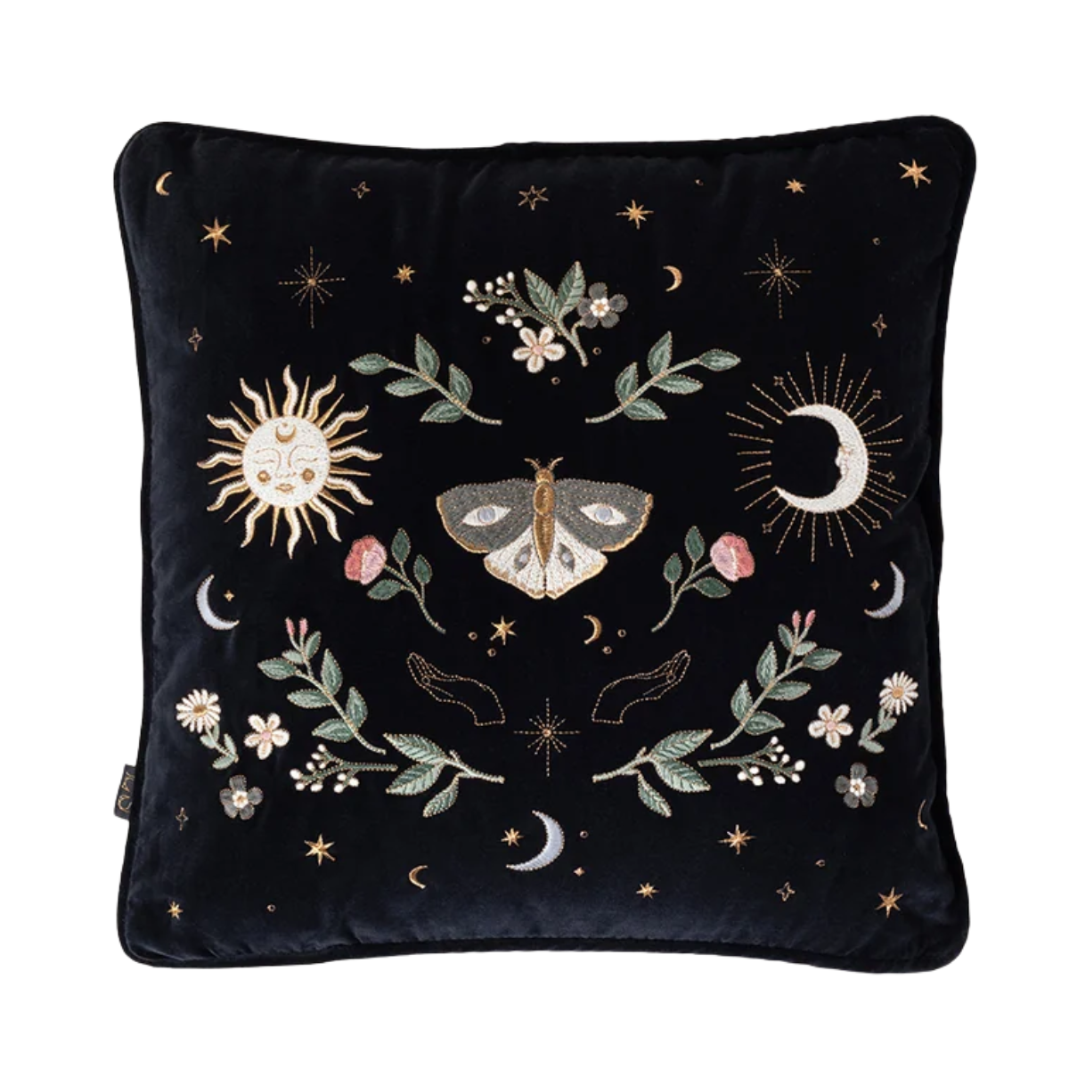 a black velvet cushion with celestial embroidery