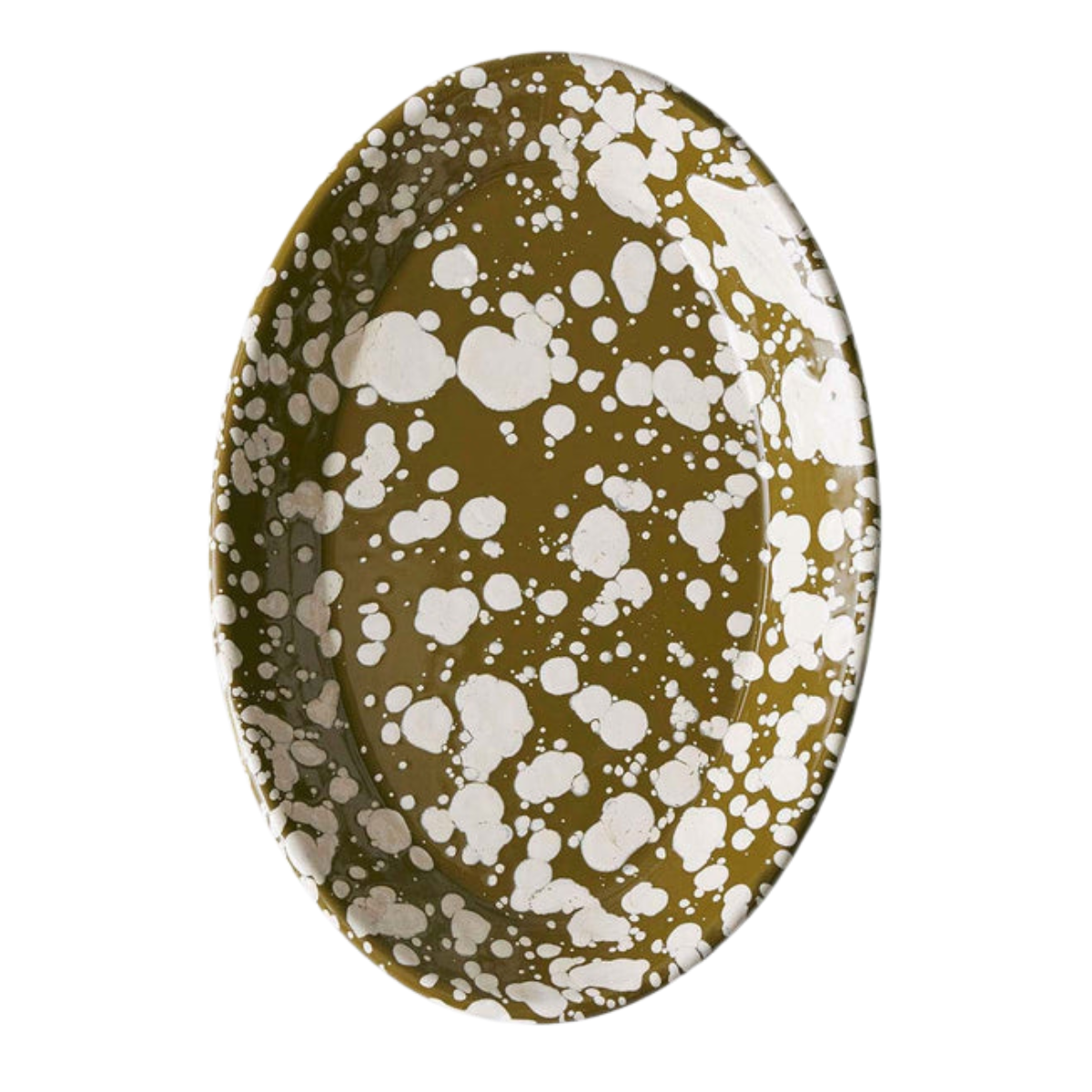 an oval platter in an olive colour with white splatter pattern