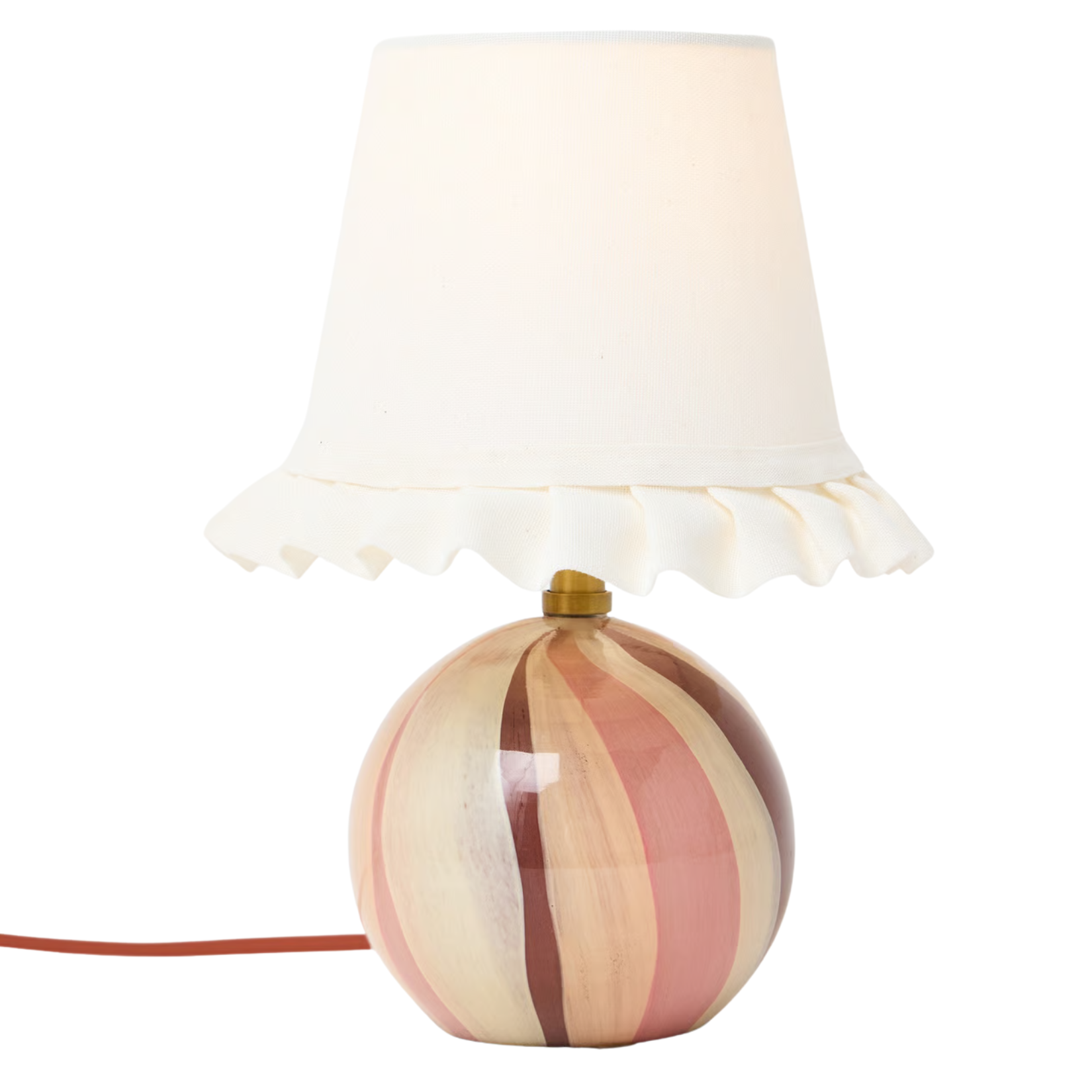 brown and pink striped lampbase with a white frilly shade
