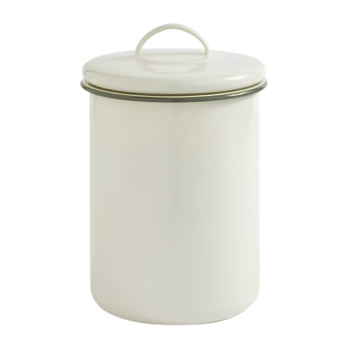 a cream lidded kitchen canister with a sage green trim on the lid