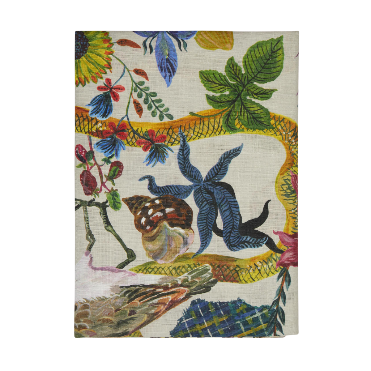 a colourful tablecloth with handpainted botanical illustrations
