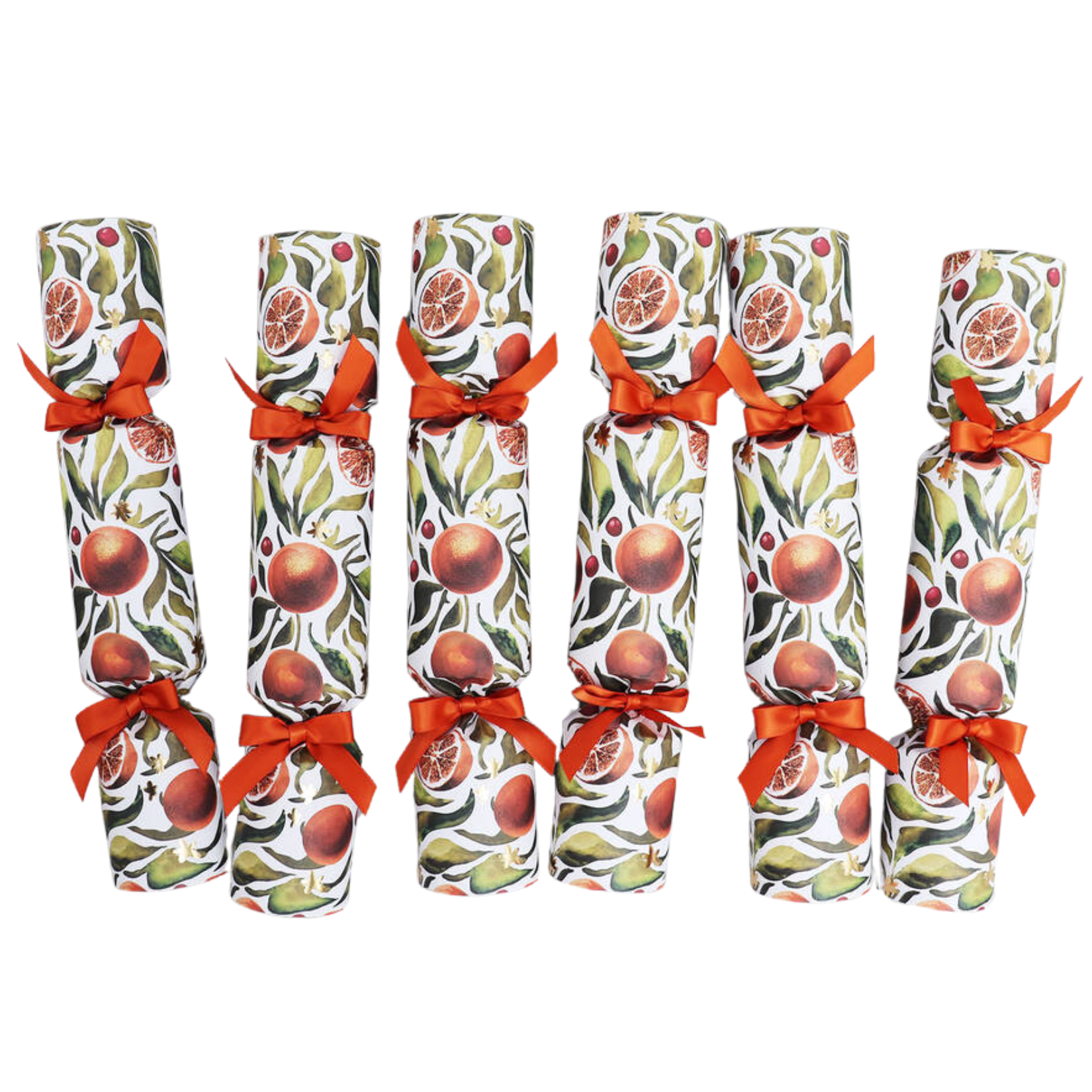 Set of six Nancy & Betty Clementine Tree Christmas crackers laid out side by side. Wrapped in botanical paper with illustrations of oranges, citrus slices, and green leaves, tied with bright orange satin ribbon bows