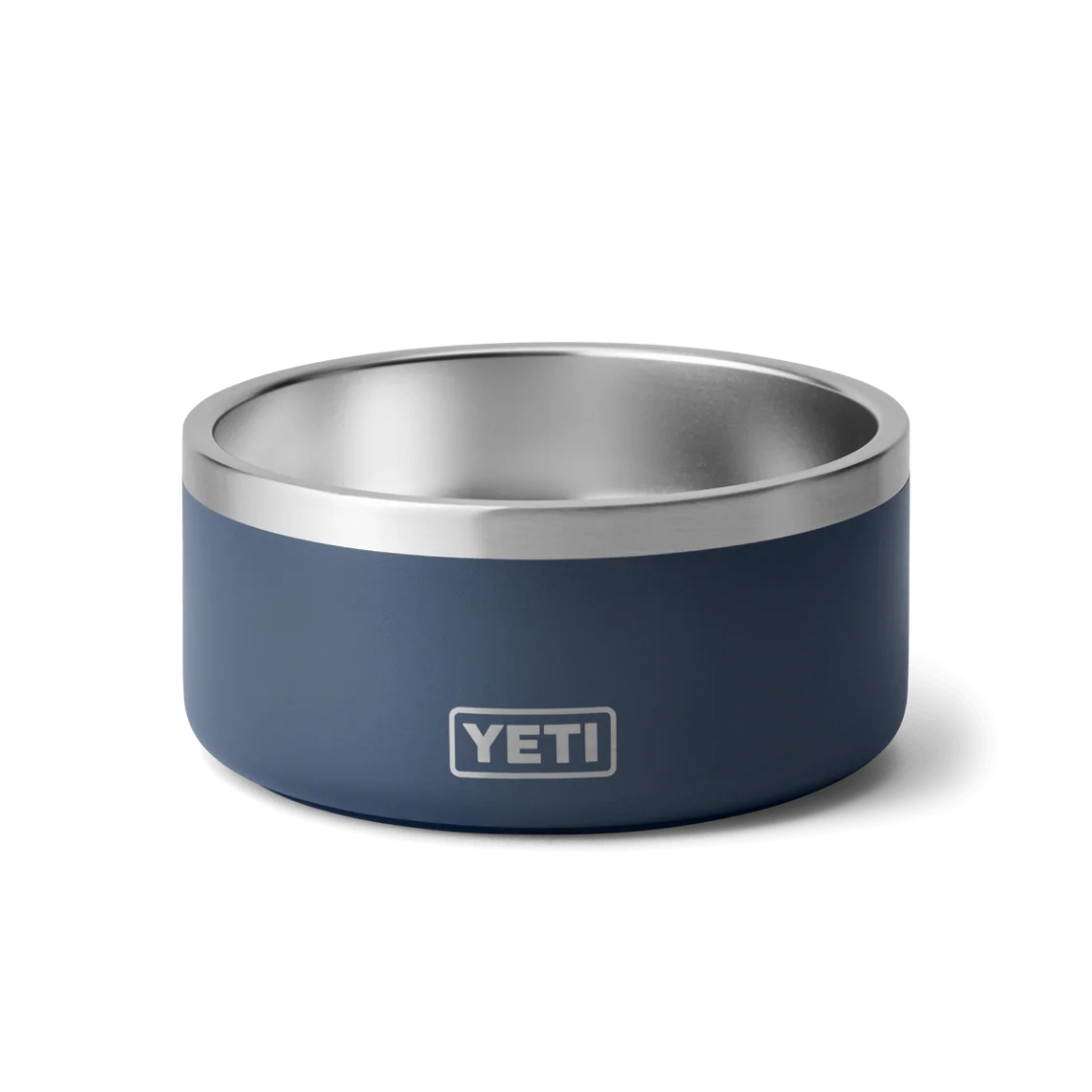 Yeti dog bowl pictured in blue and silver colour cooling dog bowl