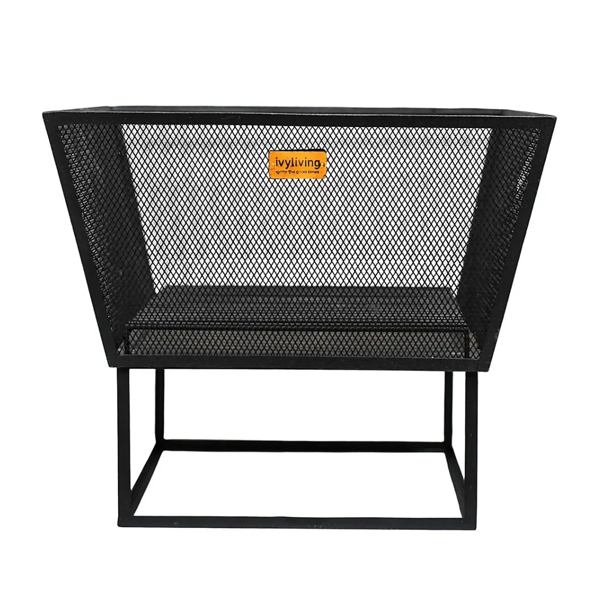 a black wire basket style fire pit