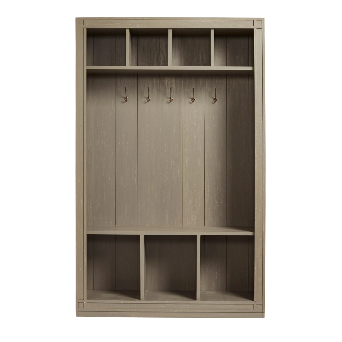 AN olive green hallway storage unit with shelves and hooks