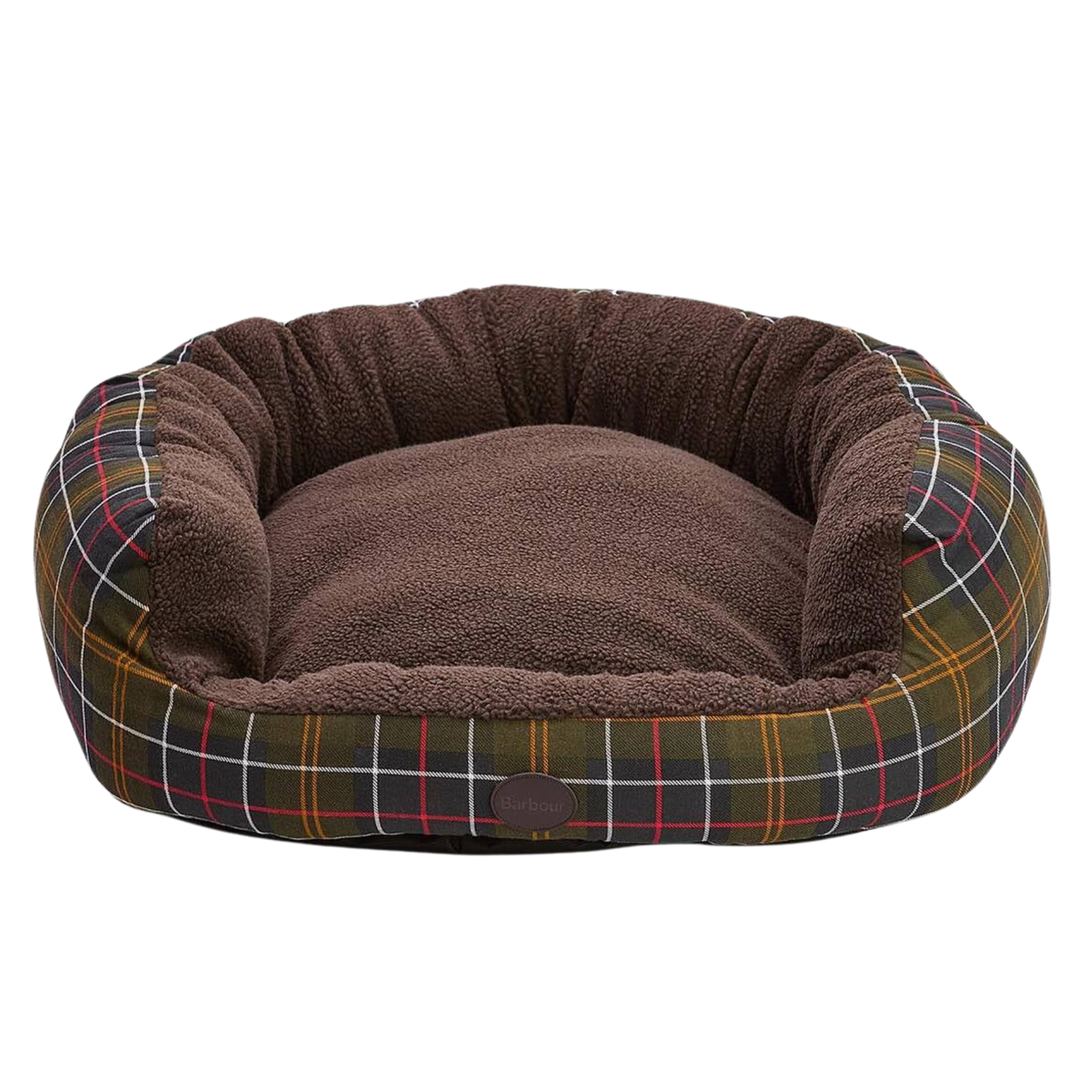 brown and dark green tartan barbour snuggle dog bed