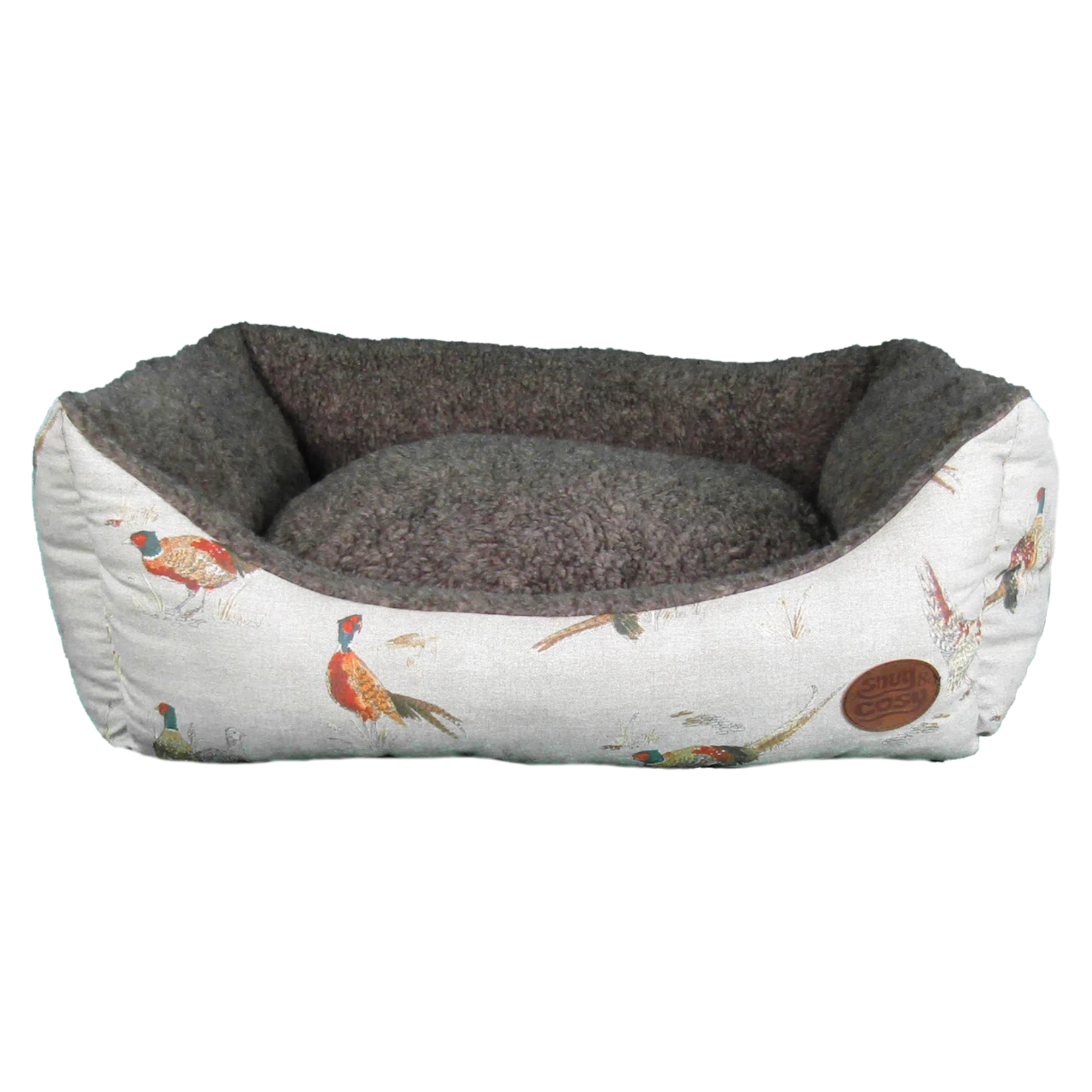white and grey pheasant print dog bed