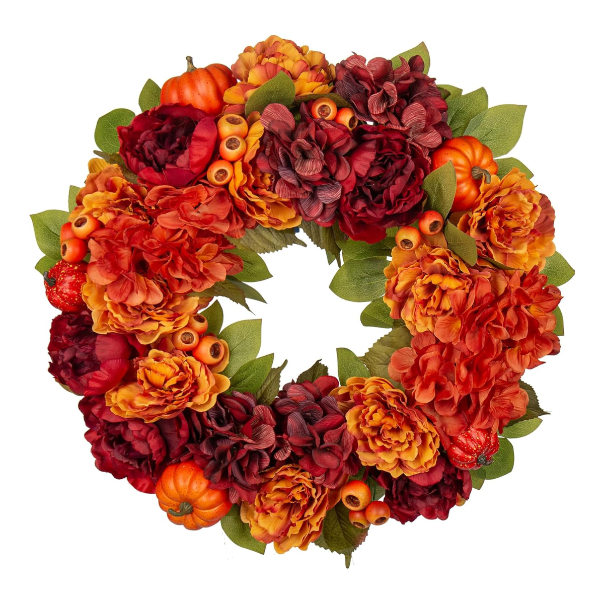 autumn wreath orange and red flowers and pumpkins
