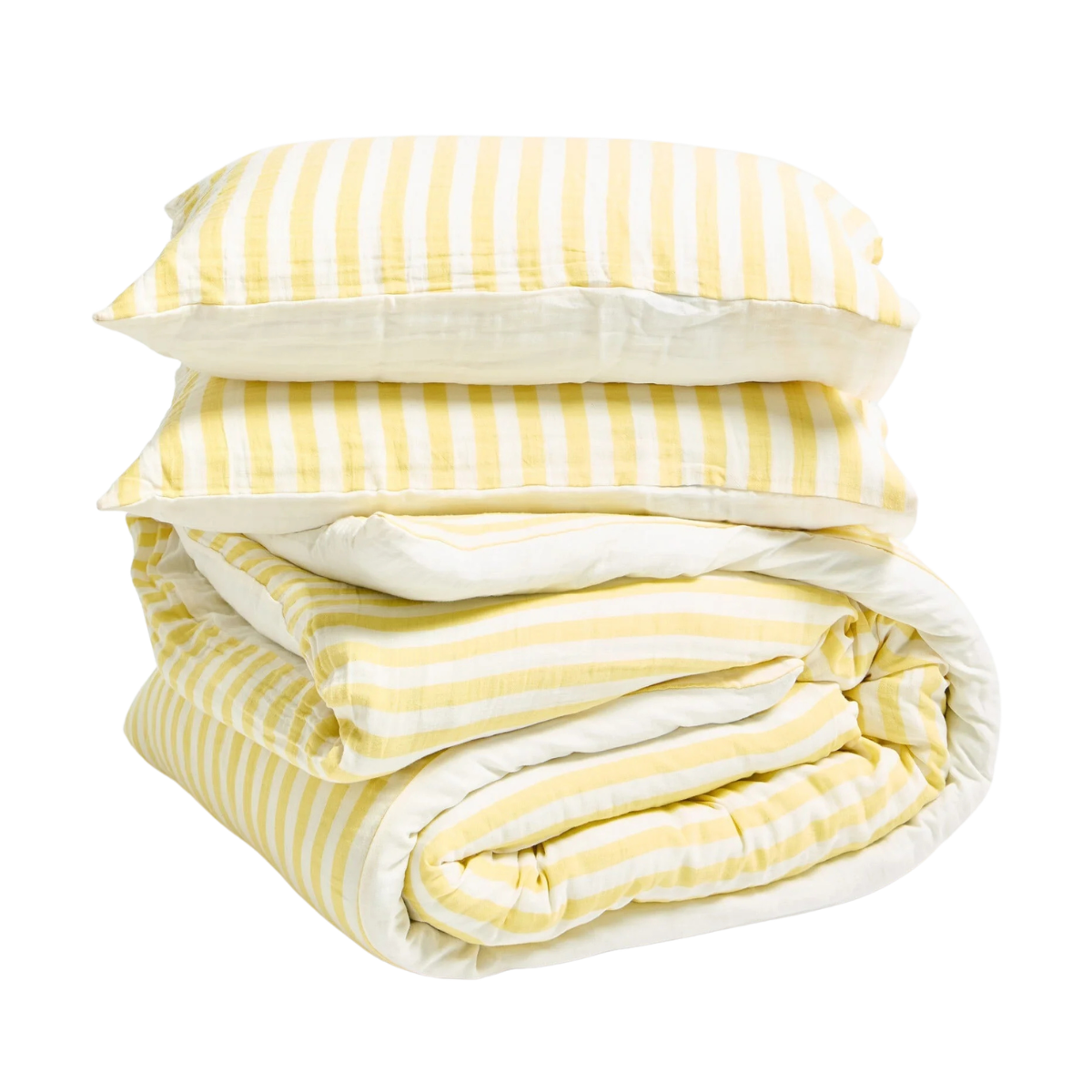 a folded duvet with pillows on top in a white and yellow stripe duvet set and pillowcases