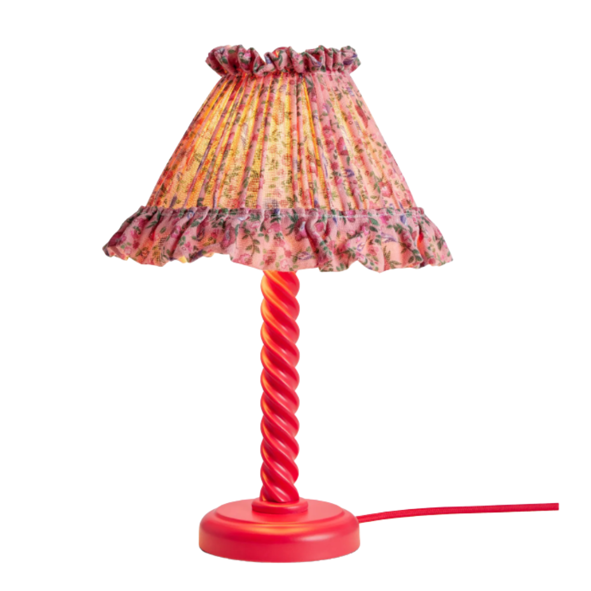 a table lamp with a bright pink twist base and a pink floral pleated ruffled shade
