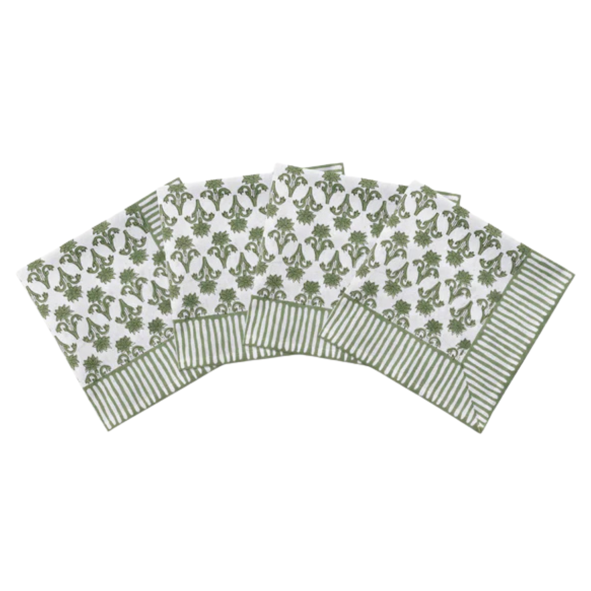 4 white and green botanical and stripe print napkins