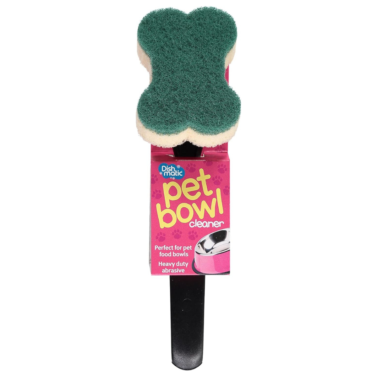 a pet scrubbing brush with a handle and green bone shaped sponge